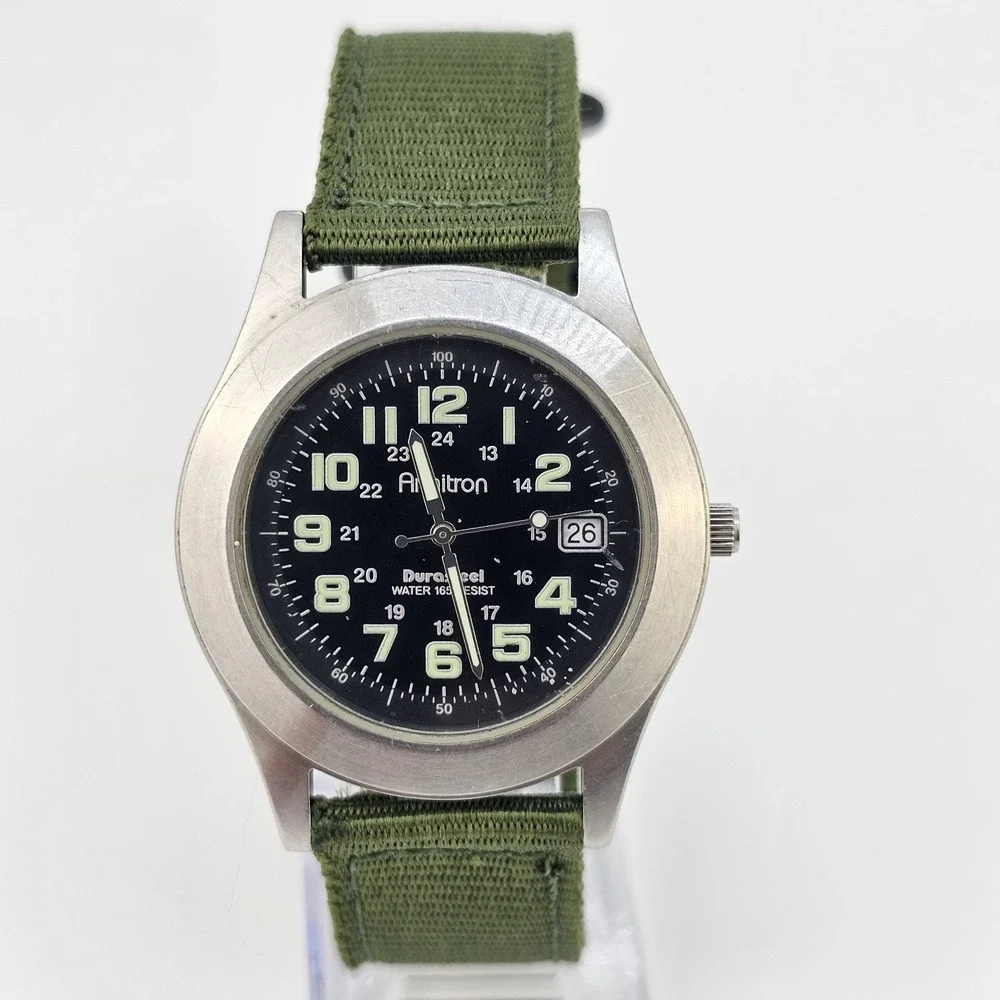 Armitron Durasteel Field Men Watch 39MM Black‎ Dial Date NEW Green Bands Battery